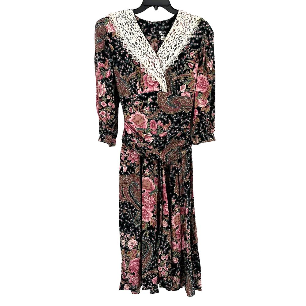 Vintage 90s Dawn Joy Floral Lace Floral Paisley Dress Size 9 10 Grandmacore